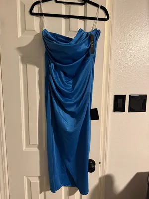 Lulus Elegant Status Bright Blue Knit Strapless Tulip Midi Dress thumbnail 3