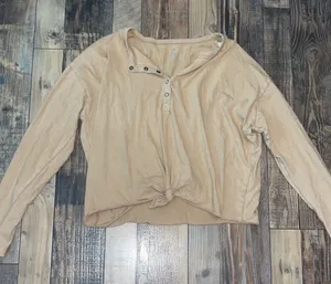 Aerie Henley Long Sleeve Front Knot Beige Top thumbnail 1