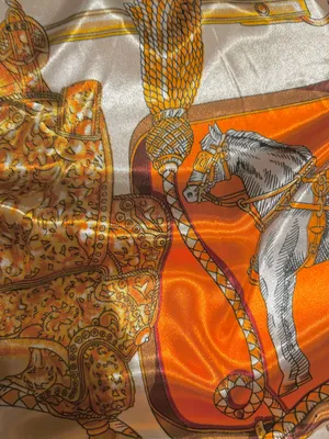 VINTAGE Equestrian ivory/ORANGE Horses&Tassels Print silky Scarf 35’/35’ thumbnail 7