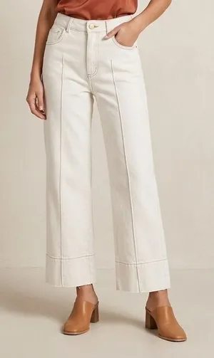Zara Wide Leg Jeans Women Size 4 Off-White‎ Front Seam High Rise Cropped Denim thumbnail 1