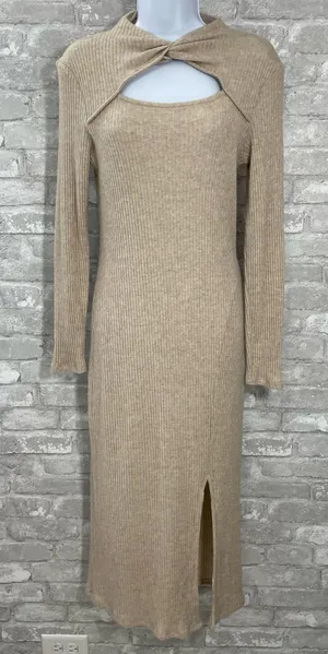 Maurices Beige Ribbed Long-Sleeve Midi Dress with Cutout thumbnail 1