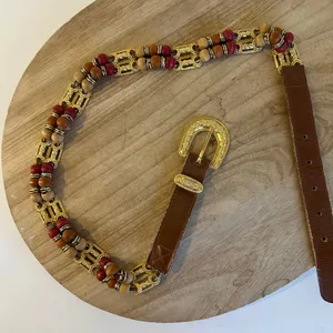 EXPRESS Vintage Brown Genuine Leather Beaded Weaved Link Gold Buckle Belt Size S/M thumbnail 10