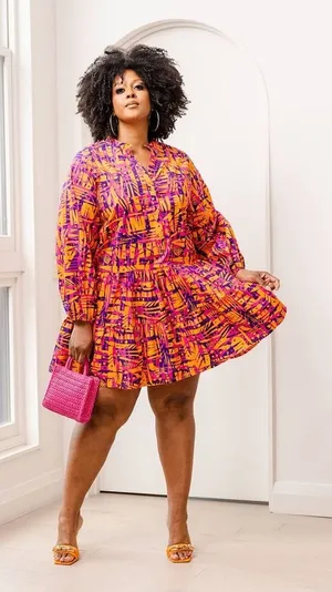 Diyana Women African Print Dress‎ Orange Pink Abstract Tiered Bohemian Artsy thumbnail 1