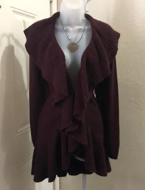 Whimsy gothic grunge cottagecore Burgundy red ruffled cardigan long sleeves ruffle hem hook eye closure-Size L thumbnail 1