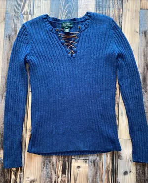 Lauren Ralph Lauren Navy Ribbed linen blend Lace-Up V-Neck Sweater thumbnail 1