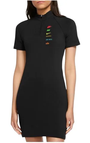 Nike Swoosh Black Logo High Neck Short Sleeve Mini Dress MEDIUM thumbnail 1