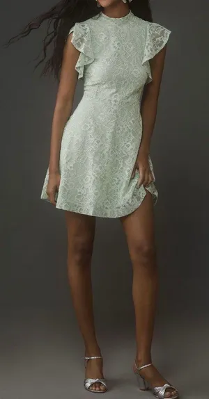 Maeve Mock-Neck Ruffle Sleeve Lace Mini Dress, Size XS thumbnail 1