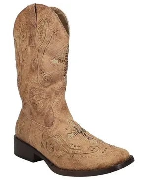 Roper‎ faith rhinestone mid calf boots tan cross bling women's size 6.5 western thumbnail 1