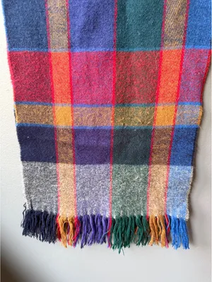 Colorful Plaid Wool Blend Scarf with Fringe thumbnail 2