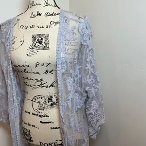 Romantic Cottagecore Mesh Lace Open Front Duster‎ Cardigan Gray thumbnail 2