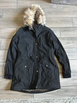 Hollister Black Trench Coat with Faux-Fur Hood thumbnail 1