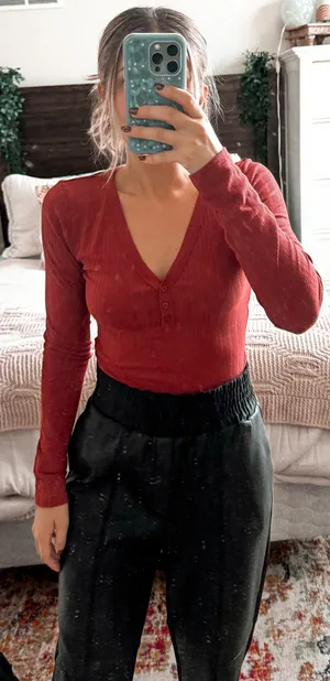 Forever 21 Red Ribbed Button Up Longsleeve Bodysuit thumbnail 1