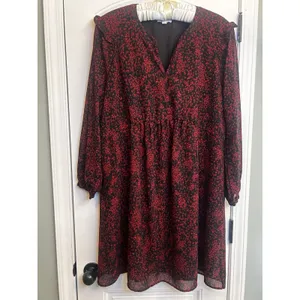 BeachLunchLounge XL Red Black Print Ruffle Long Sleeve Lined Chiffon Shift Dress thumbnail 12