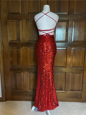 FAERIESTY Red Sequin Maxi Dress V-Neck Backless High Slit Formal Prom Gown XS thumbnail 3