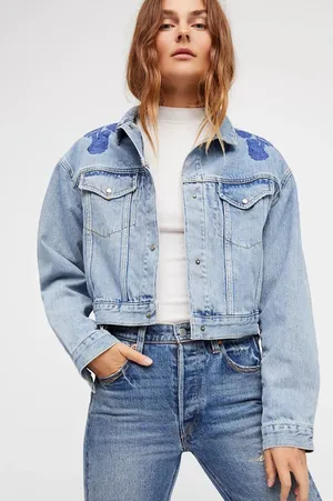 Free People Light Blue Denim Jacket with Blue Floral Embroidery thumbnail 1