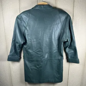 Vintage Tibor Womens Medium Green Leather Coat Jacket Mid-Length Shoulder Pads thumbnail 4