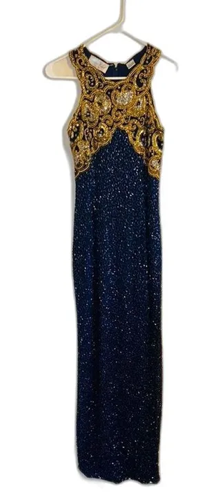 Vtg Laurence Kazar Halter Beaded embellished silk formal gown dress blue gold‎ L thumbnail 1
