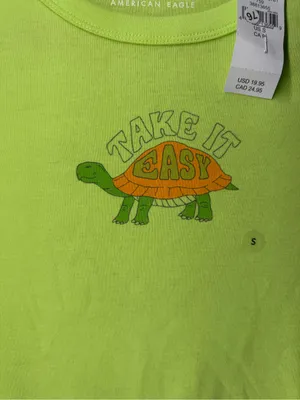 American Eagle Take It Easy Turtle‎ Graphic Baby Tee Neon Green Y2K Fitted Top thumbnail 2