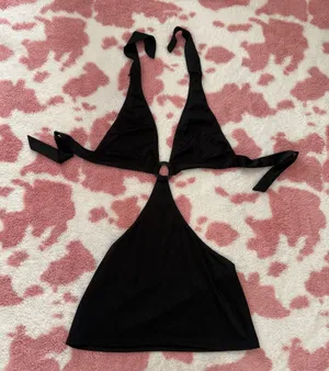 Sultry Black Cut-Out Halter Top / Mini Dress w Ring Detail 🔥 Y2K | Beach Club | Festival | Coachella | XS - Small New!! thumbnail 1
