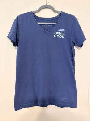 Women's Life‎ is Good Outlook Mostly Sunny Navy Blue Crusher Tee Size Medium thumbnail 1