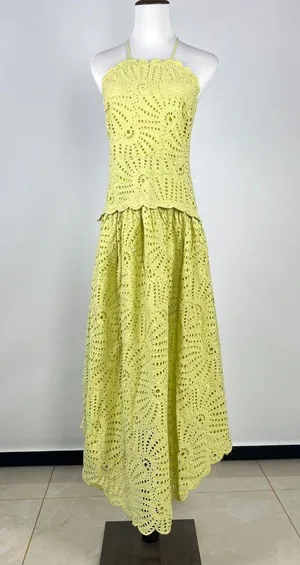 NWOT Farm Rio Embroidered Eyelet A-Line Asymmetry Beads Midi Dress Size L Cotton thumbnail 6