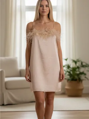 NWT Charmed Hearts Waiting All Night Satin Feather Dress Beige L thumbnail 3