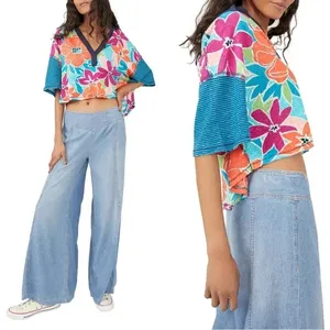 NWOT Free People Floral Striped Collared On A Boat Boxy Crop Polo Shirt thumbnail 4