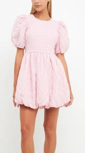 English Factory Textured Balloon Sleeves Bubble Hem Mini Dress Pink thumbnail 1