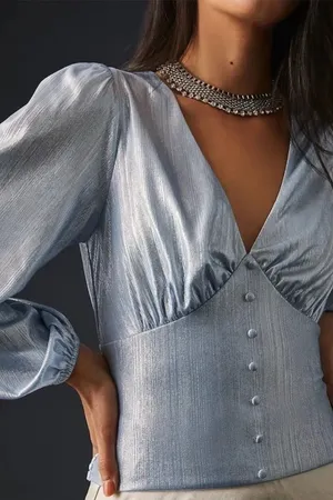 Anthropologie Flat White Shine Blue Iridescent Blouse Size XS NWT thumbnail 1