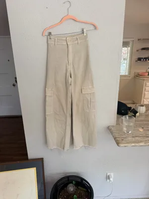 Zara marine cut off raw hem cropped khaki tan cargo wide leg pants 0 thumbnail 3