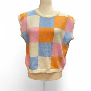 &merci Womens Multi Colored Checkered‎ Ivory Sweater Vest Preppy Large thumbnail 2