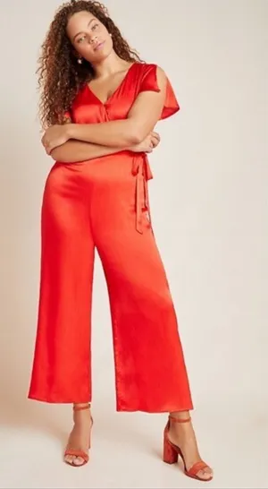 Anthropologie Maquelle Red Satin Short Sleeve Wide Leg Jumpsuit NEW Womes Medium thumbnail 1