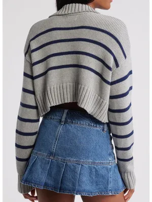 PacSun Callie Cotton Stripe Crop Polo Sweater Heather Gray XL thumbnail 8