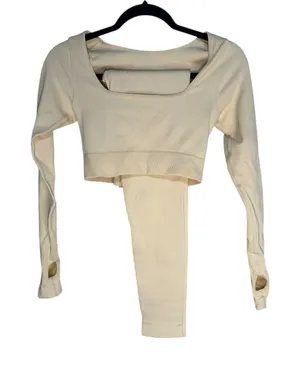 Ribbed‎ Long Sleeve Crop Top Thumbhole Leggings Set Workout Athleisure Cream M thumbnail 1