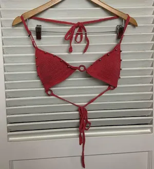 SM Salmon pink crochet triangle bikini top thumbnail 2