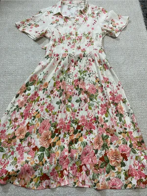 Floral Button-Front Midi Dress in Cream and Pink Size M thumbnail 15