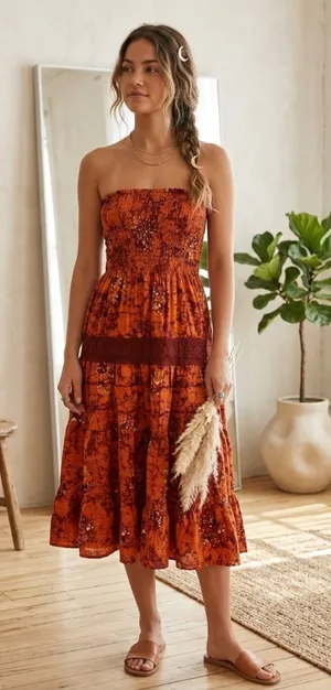 S'Cool Boho Batik Strapless Smocked Maxi Dress Rust Orange Cotton Tiered thumbnail 1