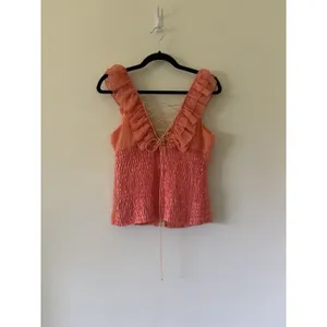 Vintage Y2K Sherbet Orange & pink Coral Corset Top Smocked Ruffle Blouse Large thumbnail 2
