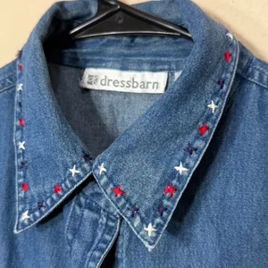 Vintage Dressbarn Womens‎ Large Denim Vest Patriotic Cat Embroidered Star Blue L thumbnail 8