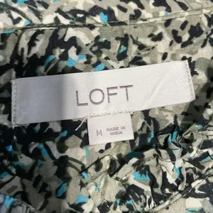 LOFT Pintucked Ruffle Mock Neck Floral Blouse Medium Black Green Cotton Boho Top thumbnail 8