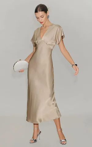 Rihoas Apricot V Neck A-Line Satin Midi Dress thumbnail 4