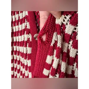 Source Unknown Damson Madder crochet sleeveless cardigan top red and ivory checkered pattern thumbnail 9
