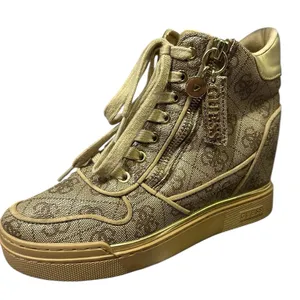 Guess Fiora Wedge Sneaker Lace and Zip Up Brown Cream Gold Shoes Womens 5 M thumbnail 1
