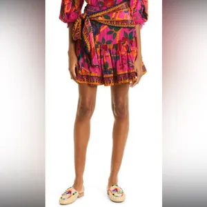 Farm Rio Mini Skirt Pink Tropical Bird Mushroom Print Wrap Tie Tiered Ruffle M thumbnail 2