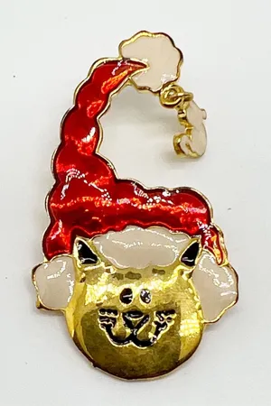 NEW Gold Tone Christmas Cat Santa Claus Brooch Pin thumbnail 1