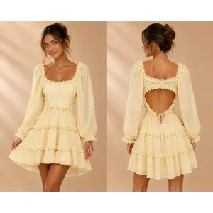 Ryan Bunches Womens Dress S Yellow Floral Open Back Ruffle Tiered MD2476 thumbnail 2