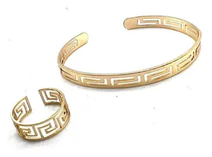 gold-toned cuff bangle bracelet matching ring Set cutout Greek key thumbnail 1