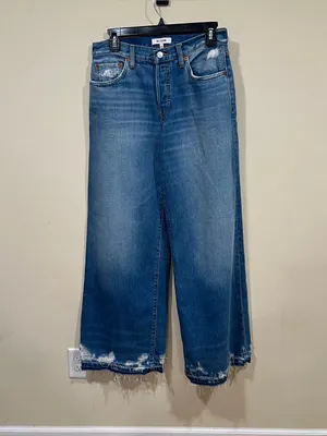 RE/DONE Mid-Rise Wide Leg Jeans in a light wash with raw, distressed hems SZ 23 thumbnail 2