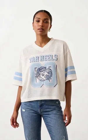 Hollister White Mesh V-Neck Tee with Light Blue Tar Heels Graphic UNC Shirt thumbnail 1