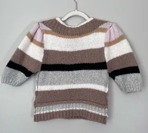 Free People Foxy Stripe Wool Blend Cropped Puff Sleeve Sweater Cream Brown XS thumbnail 6